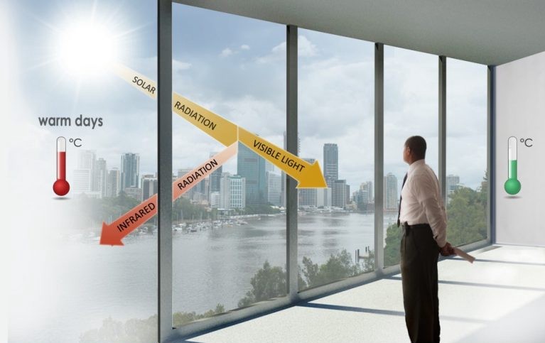 Man looking out window to sun