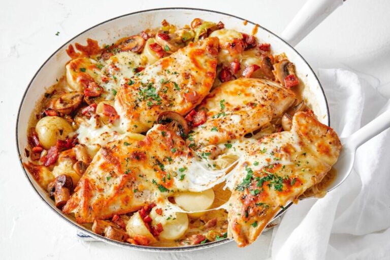 Photo of One-pan cheese and bacon smothered chicken in bowl